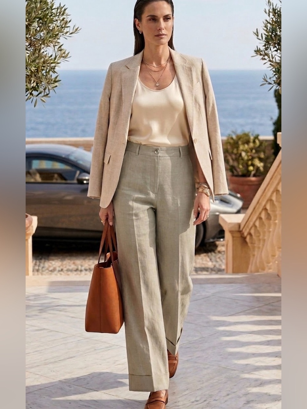 Paul Smith Linen Wide Leg Cuffed Trousers Sz 6 Olive Greige Luxury Italy $850
